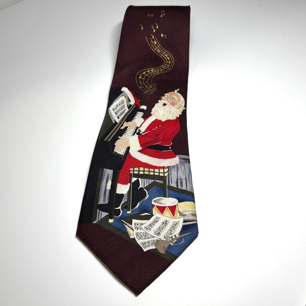 Seasonal Style MMG Silk Tie Mens OS Burgundy Santa Piano Musical Note Christmas